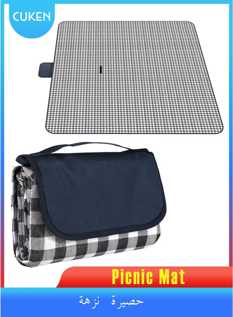Cuken Outdoor Picnic Mat Picnic Blanket Waterproof Beach Rug 200x200cm Picnic Mat Washable Lightweight with Handle Blue Checkered for Hiking Travelling Outdoor Camping, Parks - Image 1